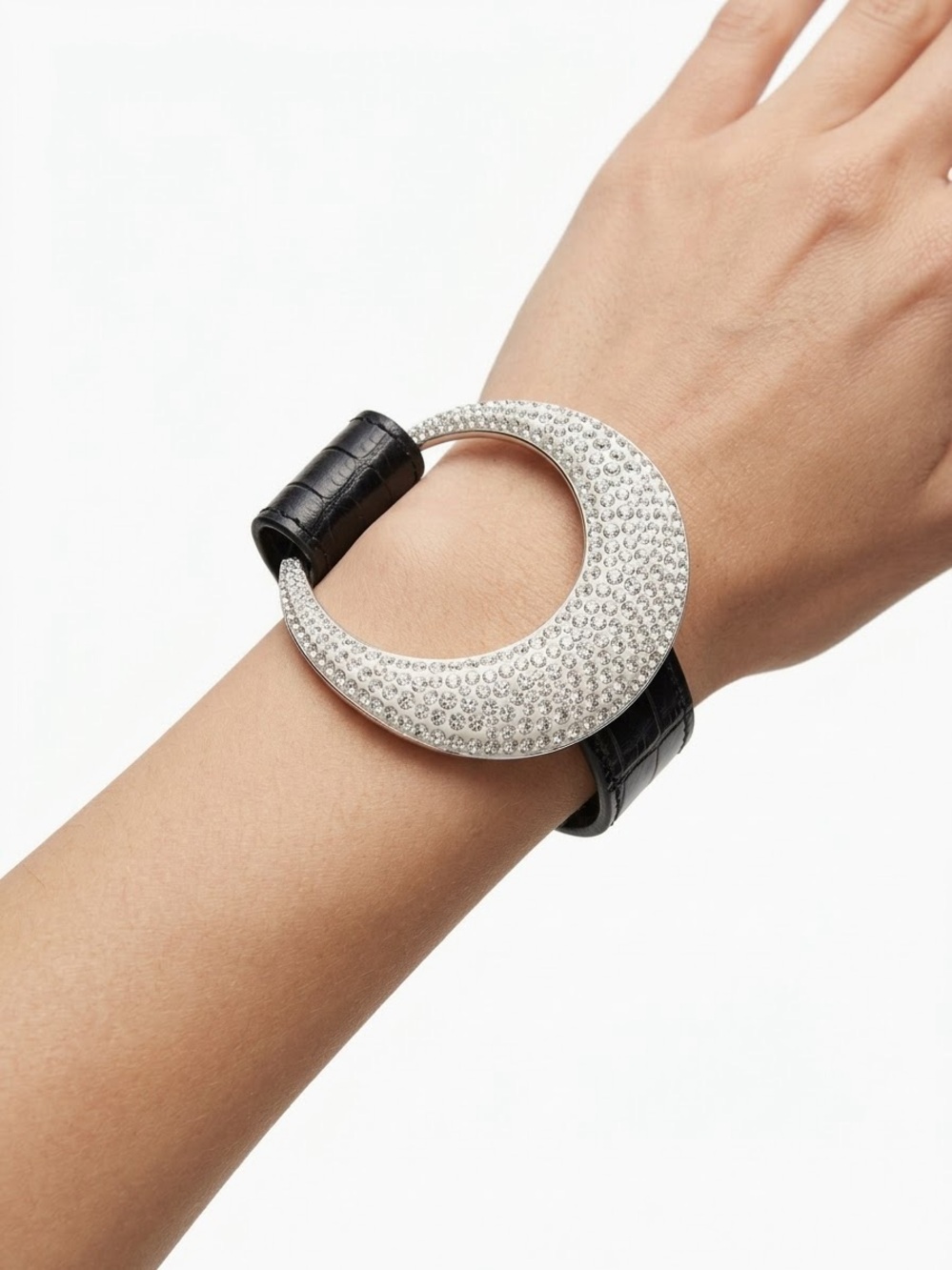 Rare Swarovski Black Leather Ring Cuff with Silver Crystal Crescent